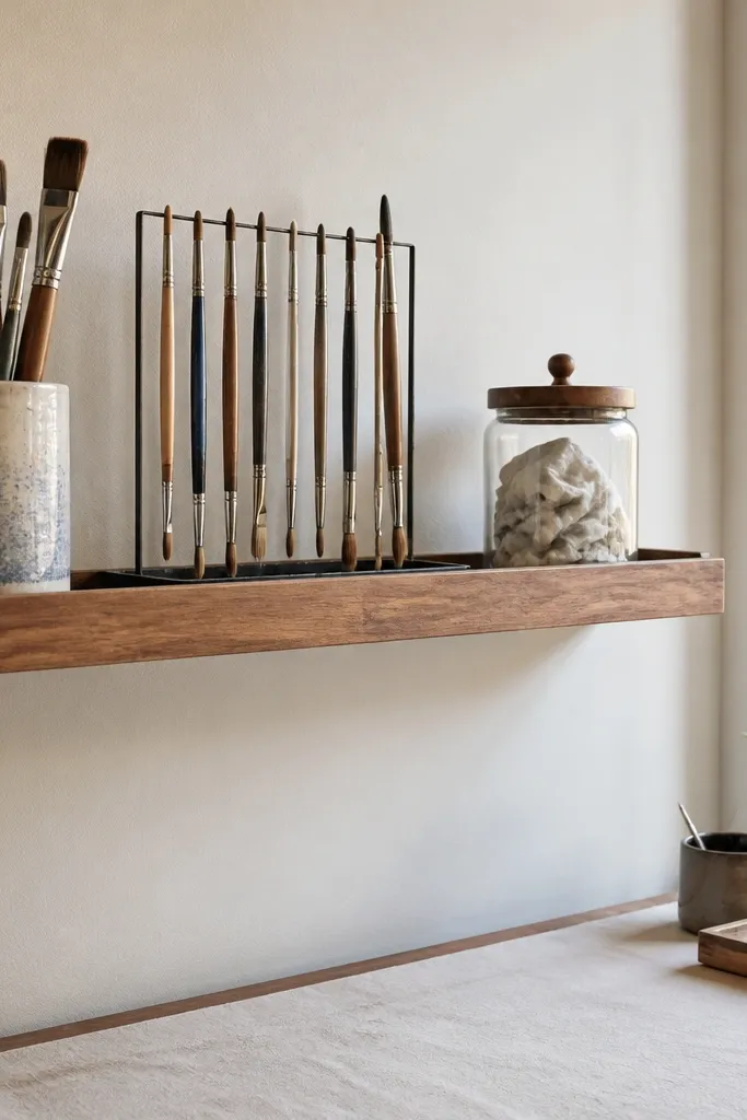 Floating shelf holding a brush cup and a small brush drying rack with jars nearby
