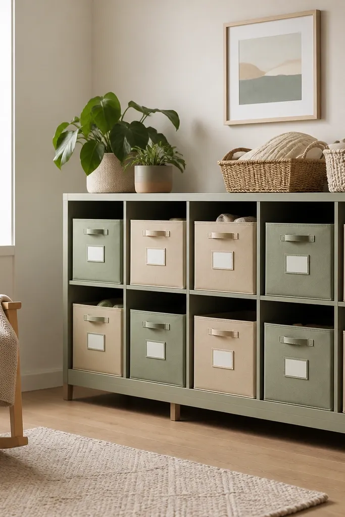 Fabric-covered storage cubes in a neat grid with matching colors and labeled bins