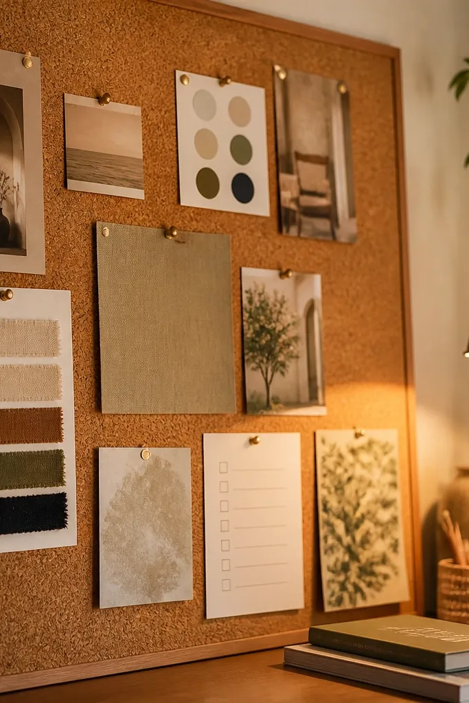 Cork board in a corner with pinned sketches, color swatches, and small project notes