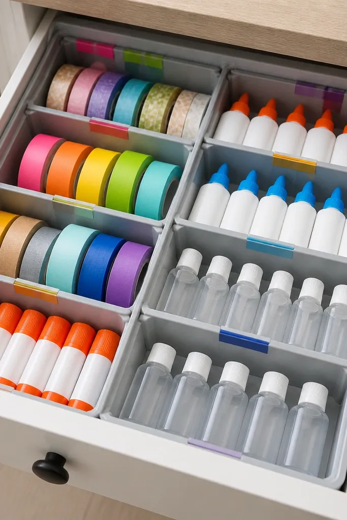 Wood-finish drawer insert with compartments for tape rolls, glue sticks, and adhesives