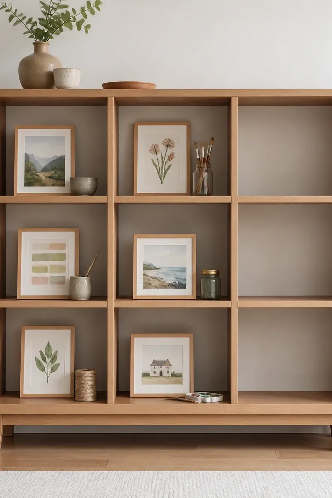 Open cubbies with framed crafts and small sculptures arranged evenly with a few books