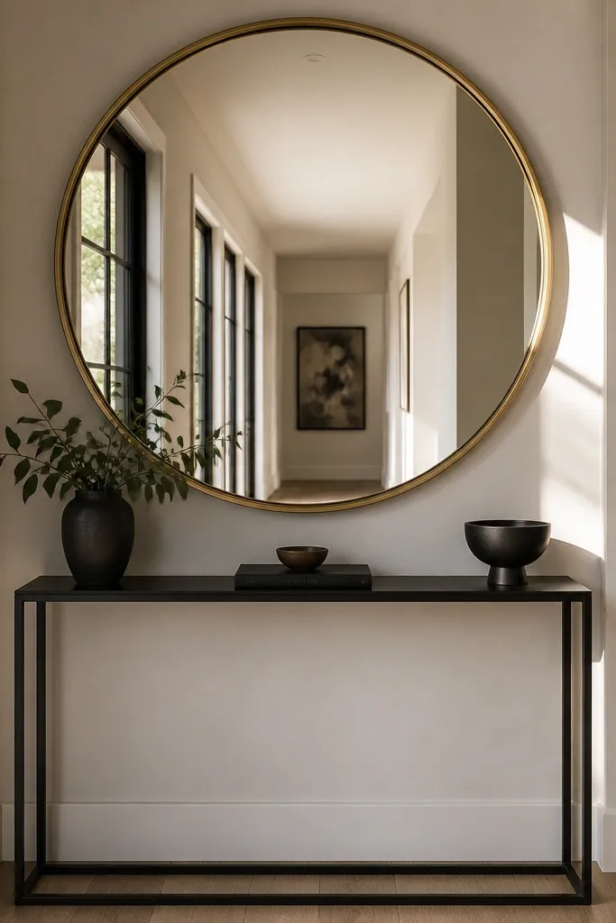 Large round mirror above a narrow console with warm wood and a small lamp