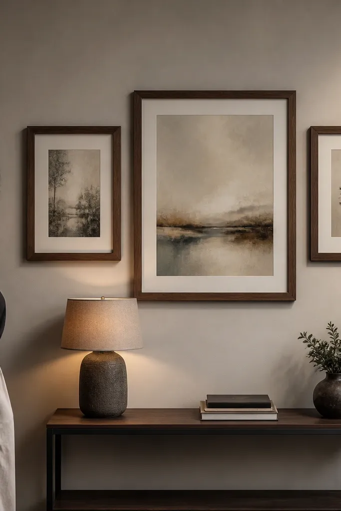 Three framed prints arranged in a tight gallery wall with even spacing