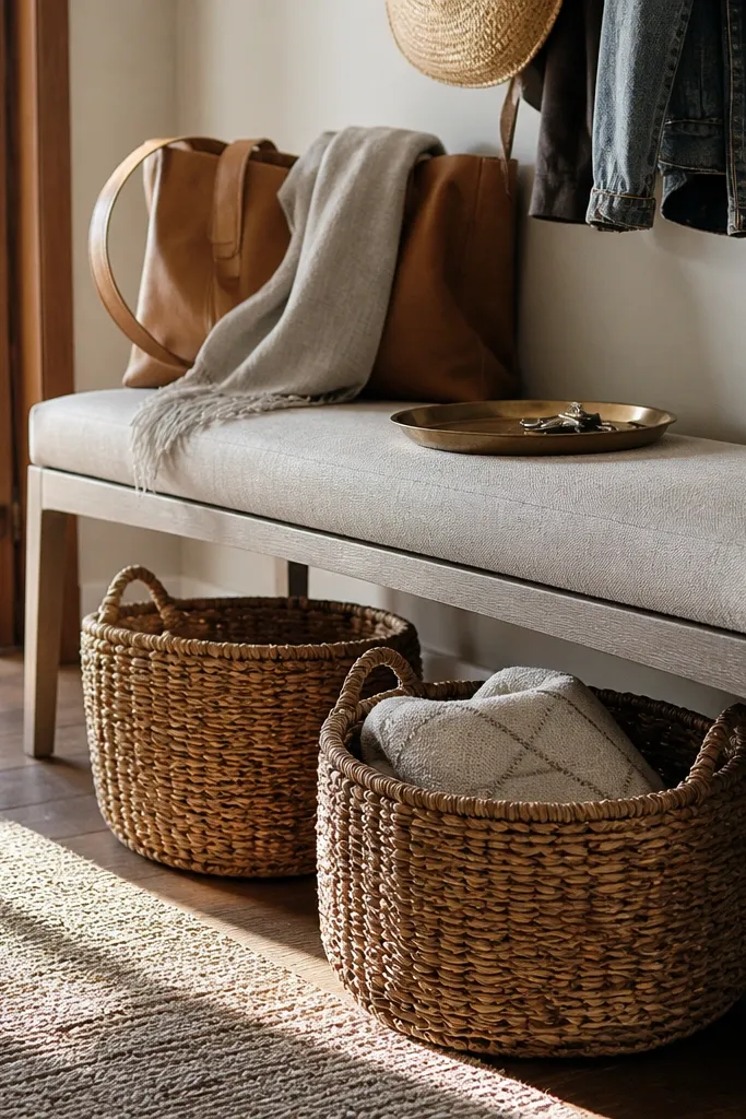 Wood bench with two woven baskets underneath and a small tray on top