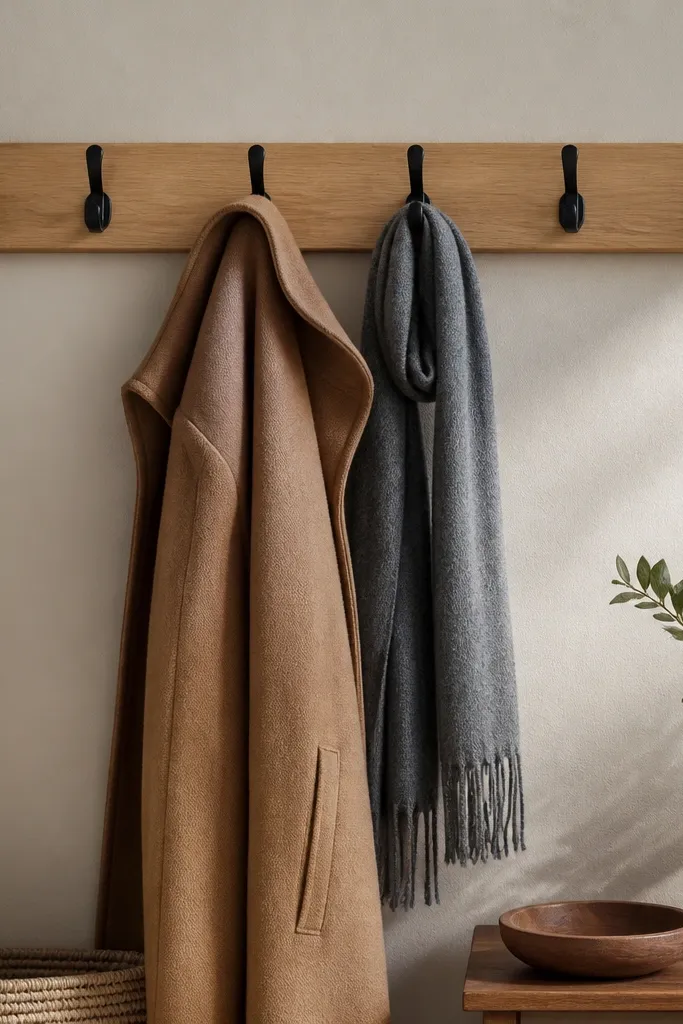 Wall coat hooks with a neat row above a small bench and rug