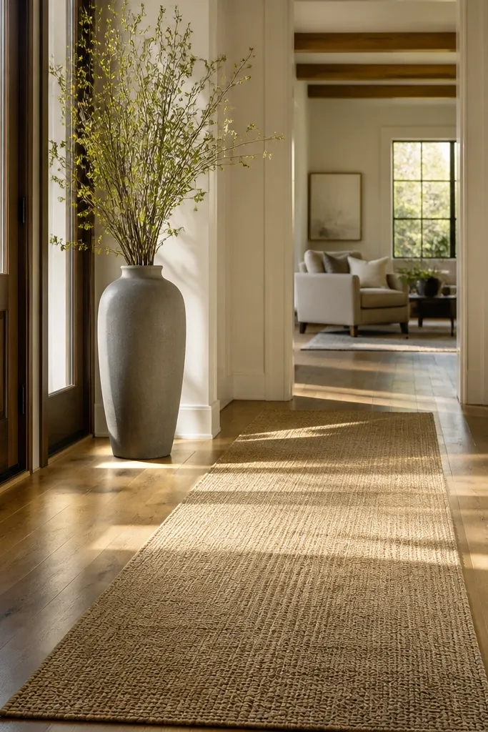 Tall vase next to a console with a simple neutral runner rug