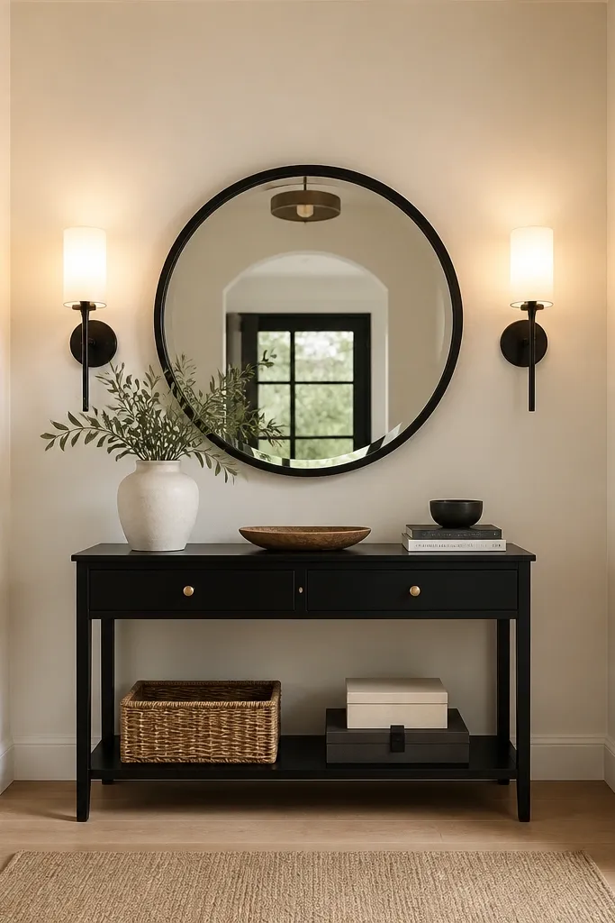Two black wall sconces on either side of a mirror with warm light bulbs