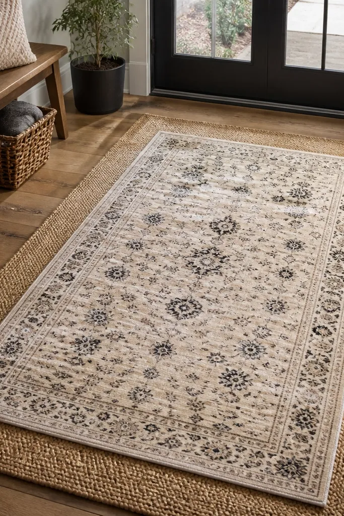 Small washable rug layered over a larger neutral mat runner in a foyer