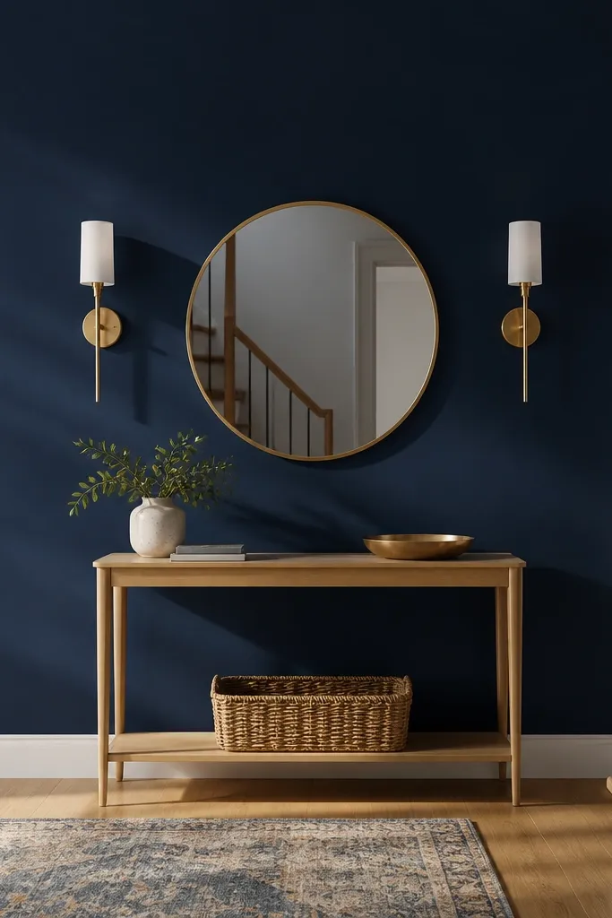One entry wall painted deep color with a mirror and simple decor