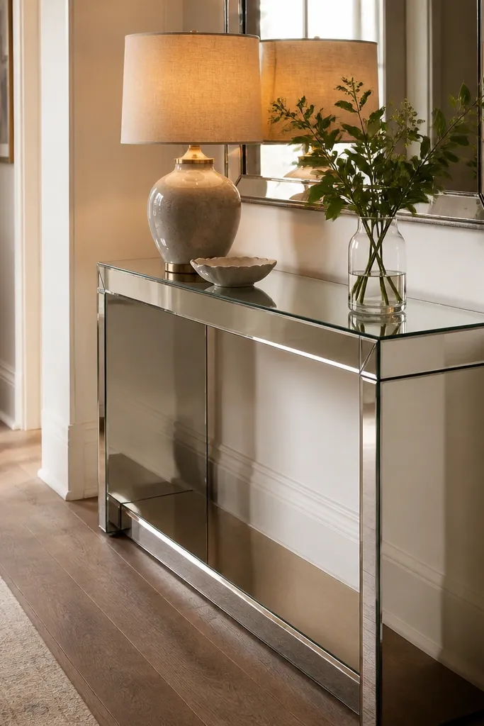 Small mirrored console with a lamp and tray in a bright entry