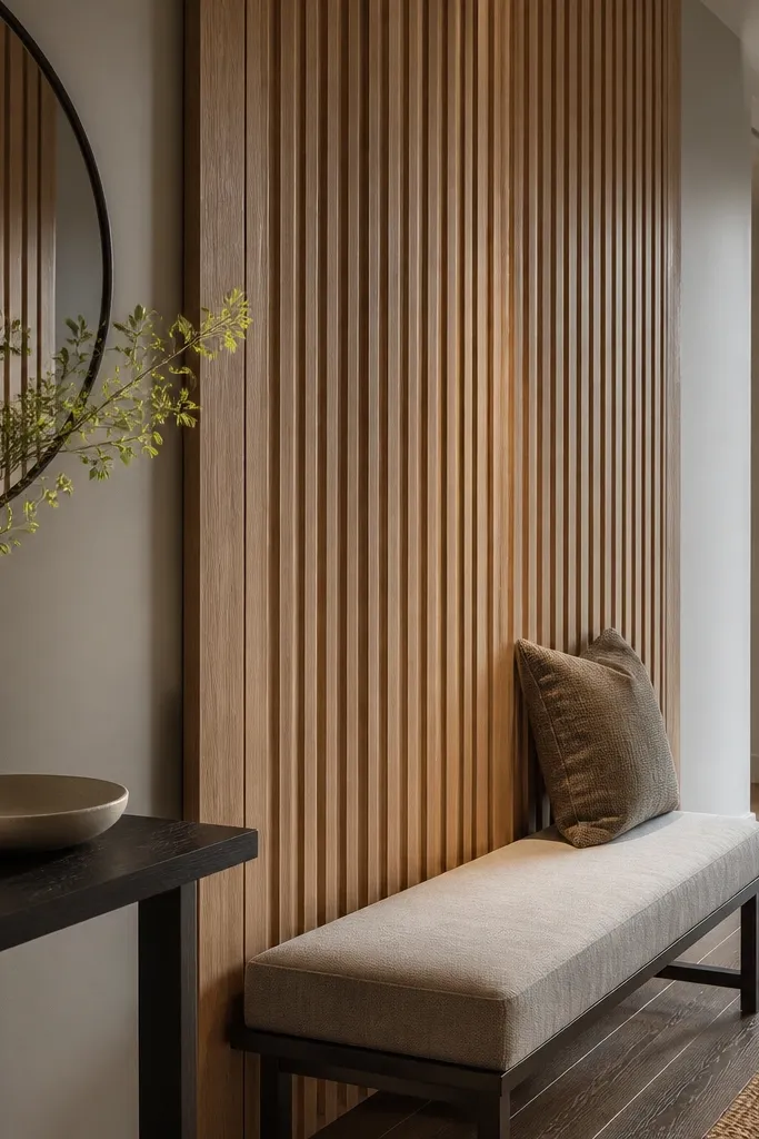Wood slat accent wall behind a bench with a mirror above