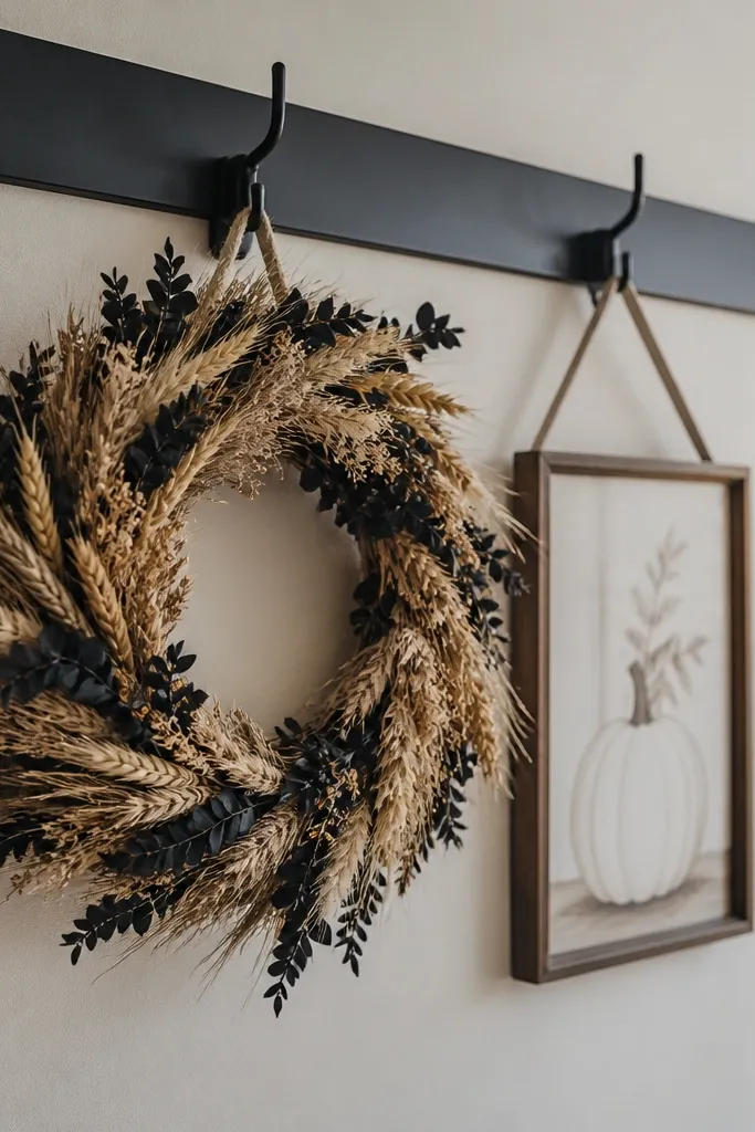 Front door wreath hanging from a simple hook with a small side table nearby