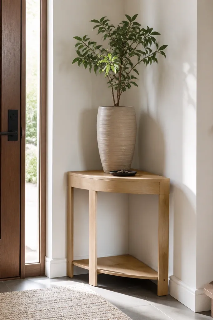 Small corner console table with a tall plant and a framed above