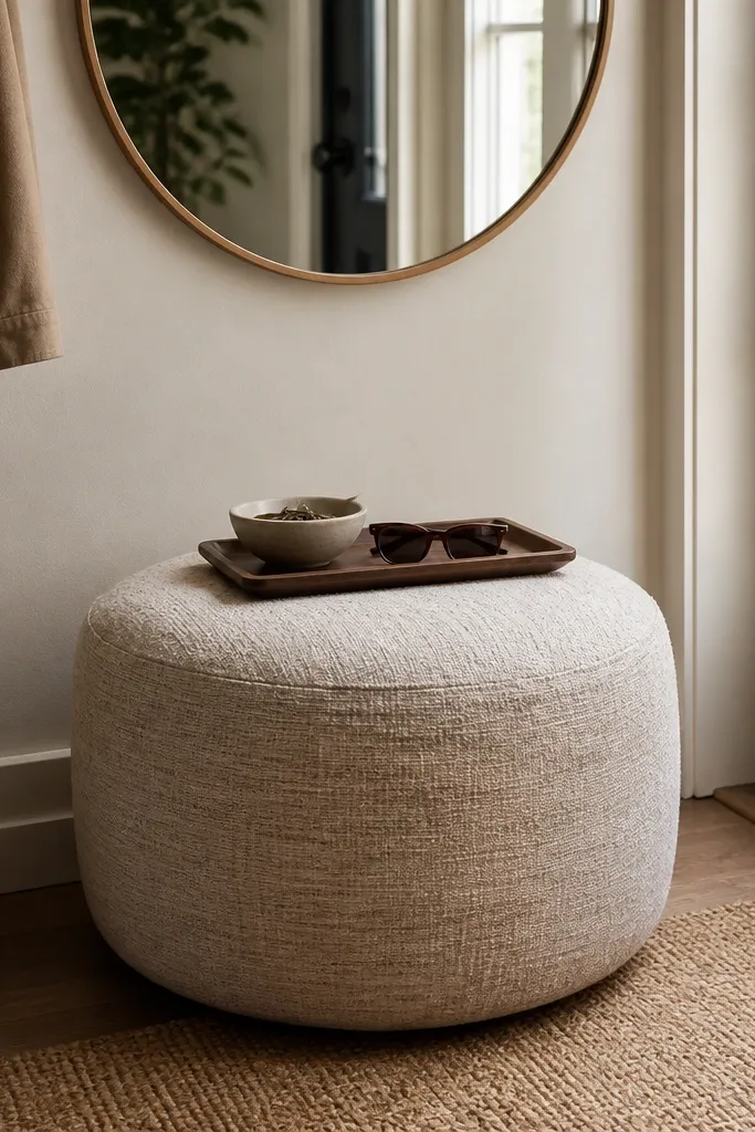 Neutral fabric pouf with a small tray on top near the entry mirror