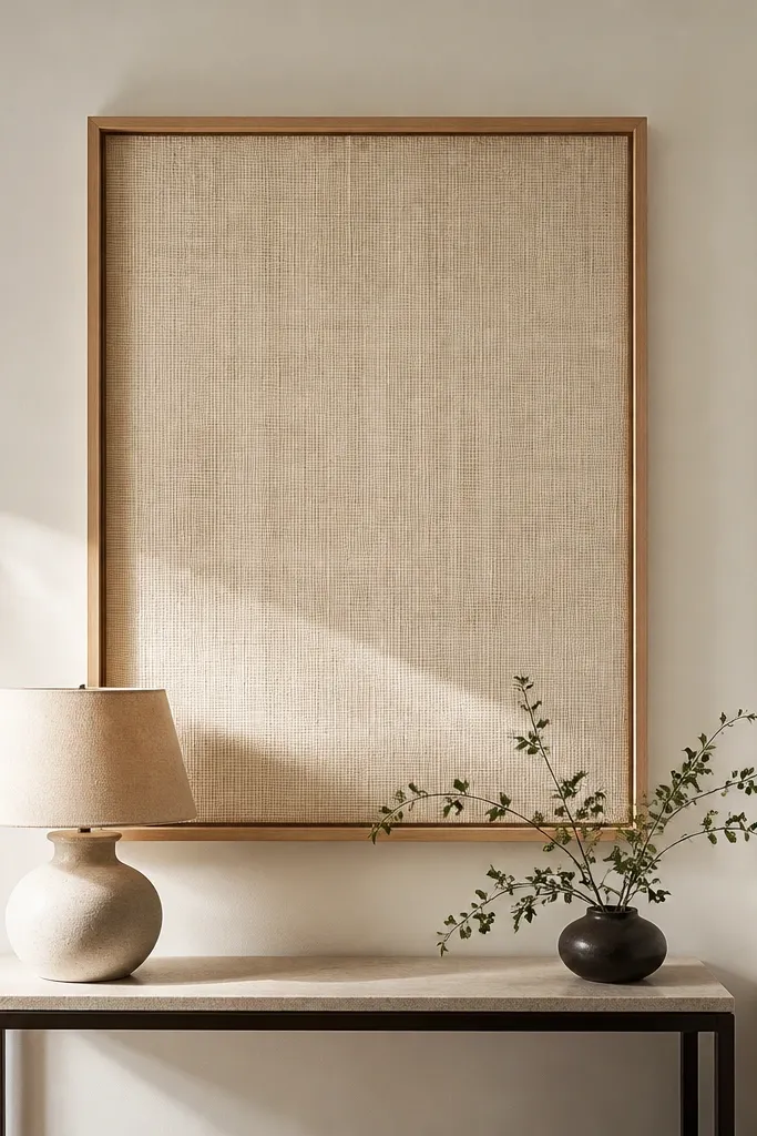 Linen fabric stretched and framed on the wall beside a small console