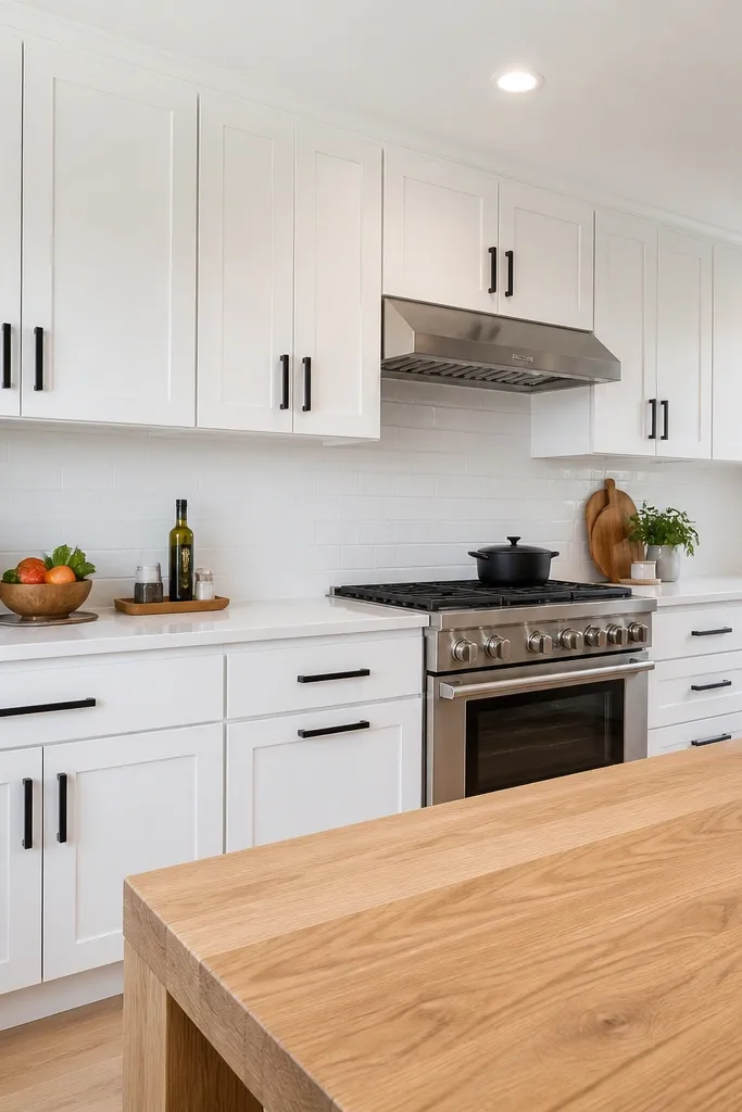 Matte white cabinets, light oak island, black knobs, and a simple farmhouse runner on the floor