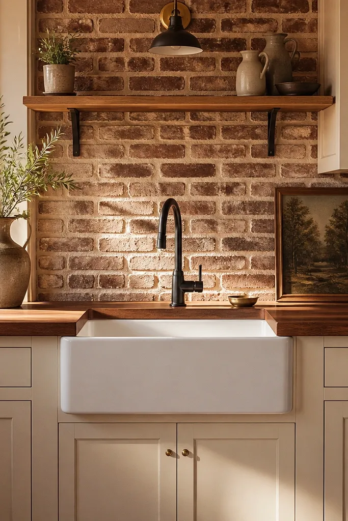 Brick backsplash behind a sink, white apron-style front, and warm wood counters