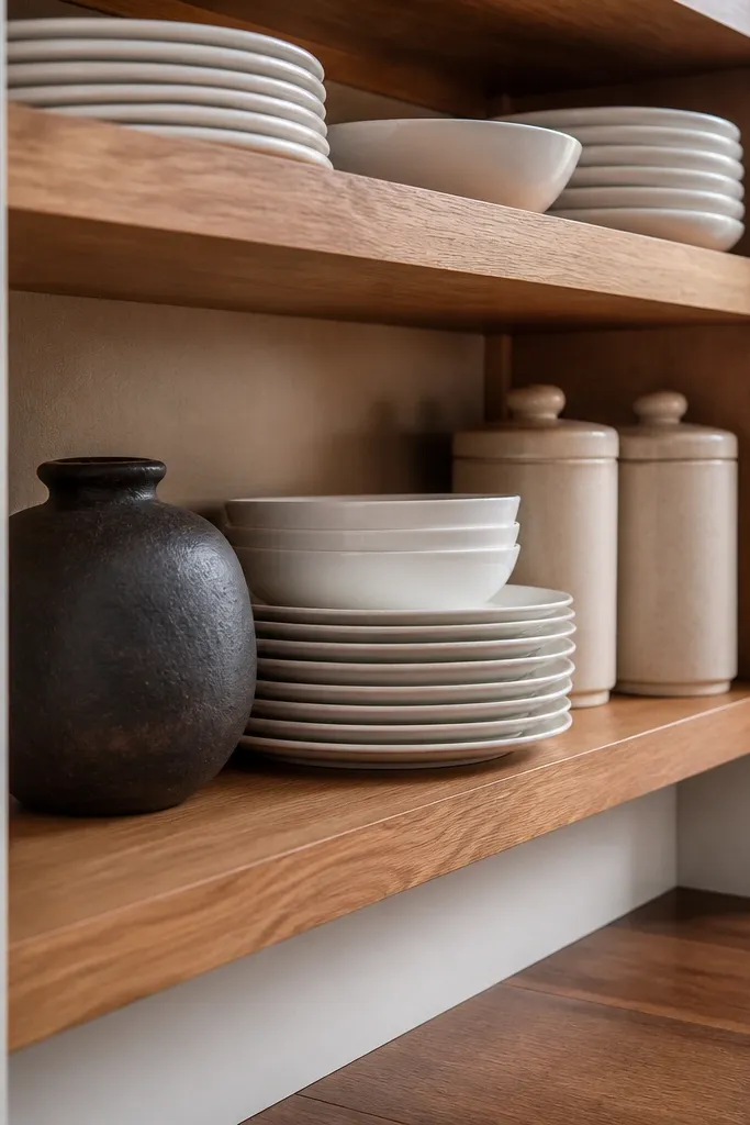 Open wooden shelves with stacked white dishes, a few jars, and black brackets