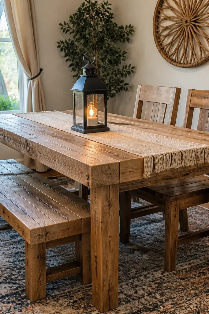 Chunky farmhouse dining table with bench seating, neutral plates, and a lantern centerpiece