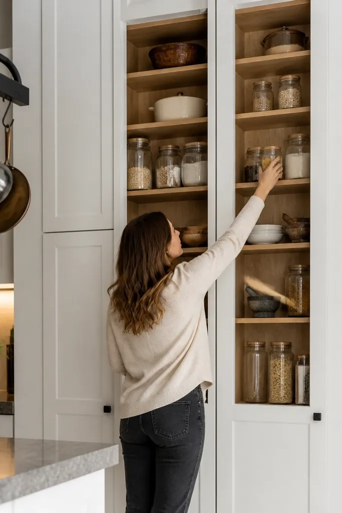 Tall pantry cabinets with light wood shelves and a small hanging pot rack above counters