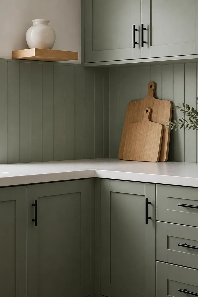 Sage green accent behind lower cabinets with a white counter and light wood details