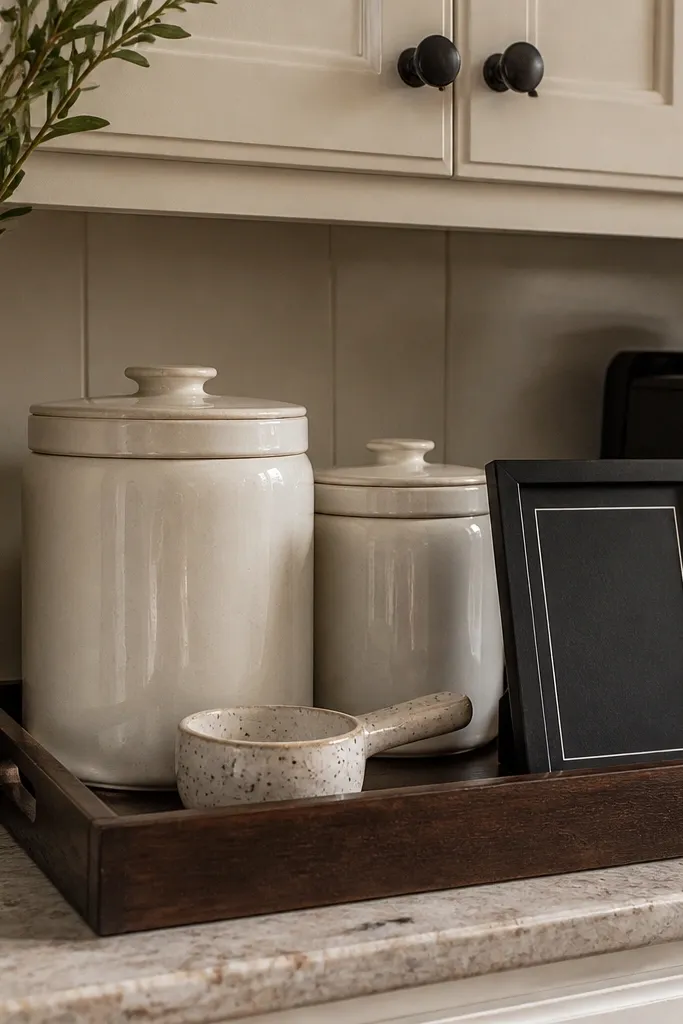 Coffee setup on a countertop with dark wood tray and cream canisters