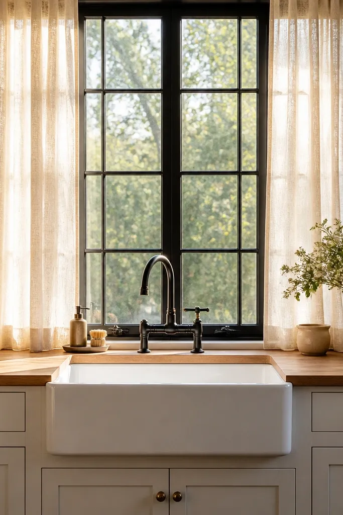 Black-framed window with linen curtains above a farmhouse sink and light wood counters