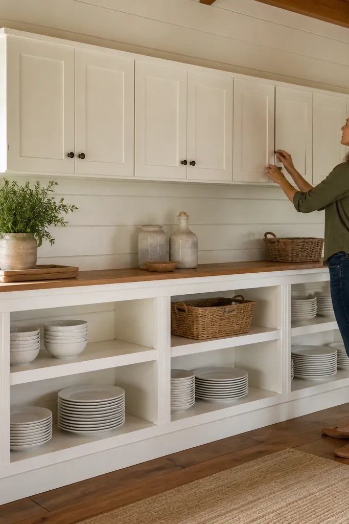Shiplap-style wall with white upper cabinets and open lower shelves holding jars