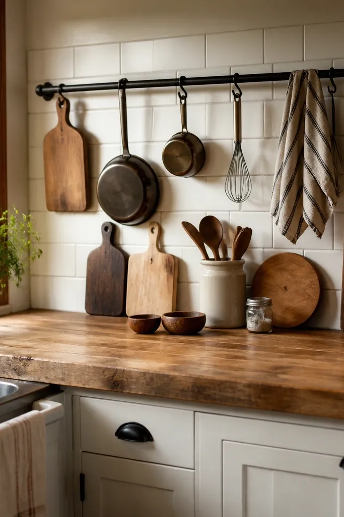 Butcher block counter with white cabinets and a hanging utensil rail above the backsplash