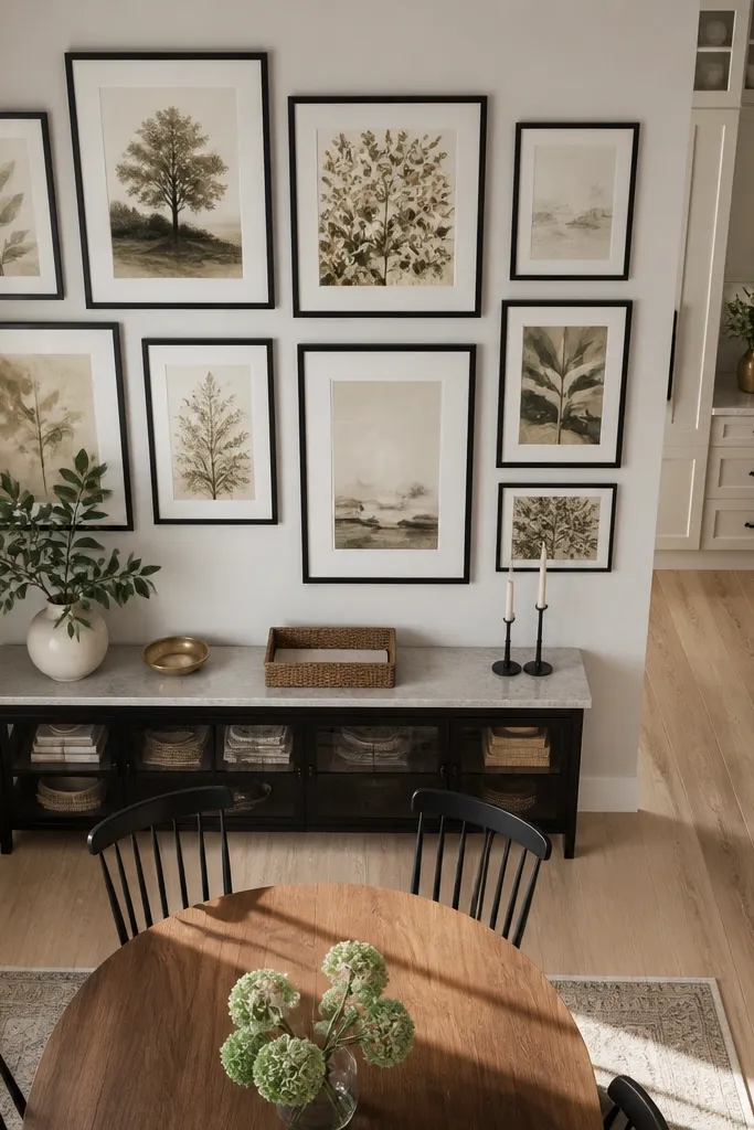 Frames on the wall above a dining nook with black accents and neutral table styling