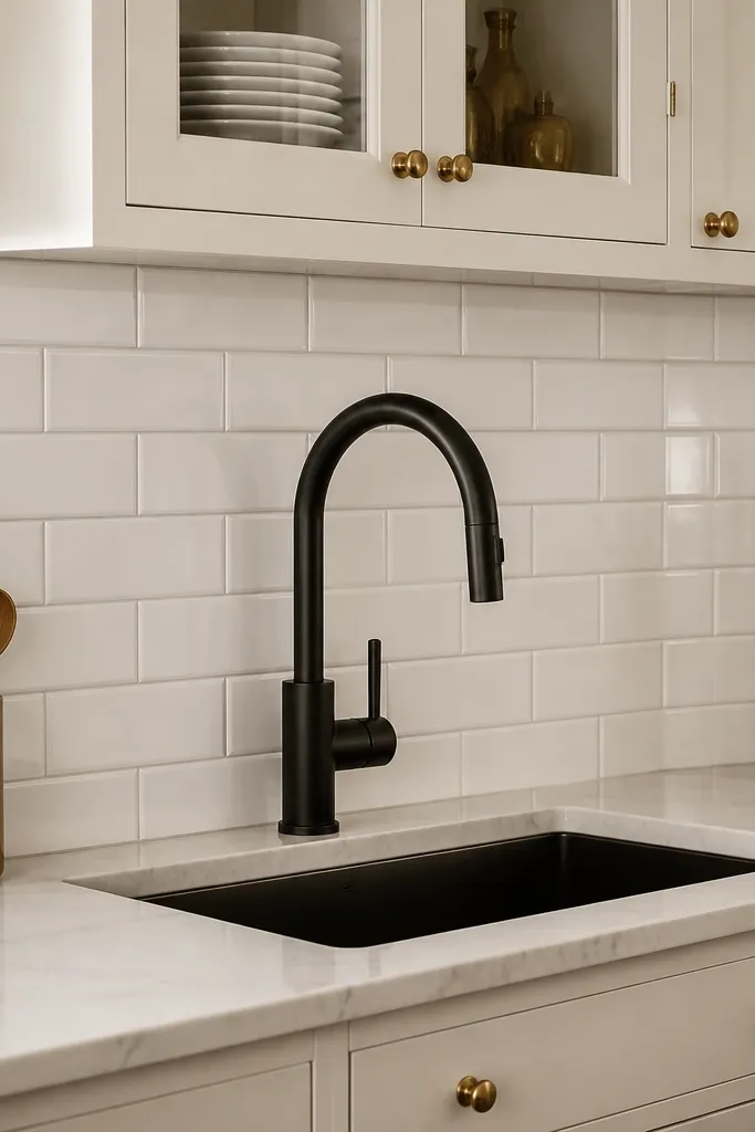 White subway tile band behind counters with black faucet and small brass-toned decor
