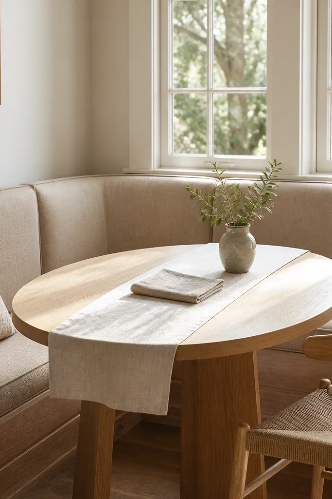 Rounded light wood breakfast table in a corner with a bench and soft neutral decor
