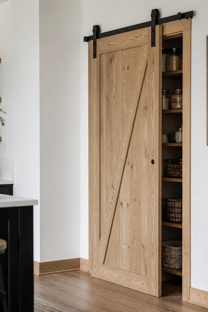 Sliding barn-style pantry door with wood frame and a small sign above the entry