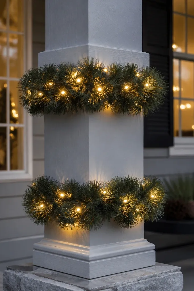 Warm white lights wrapped on porch columns with faux evergreen bands and red accents