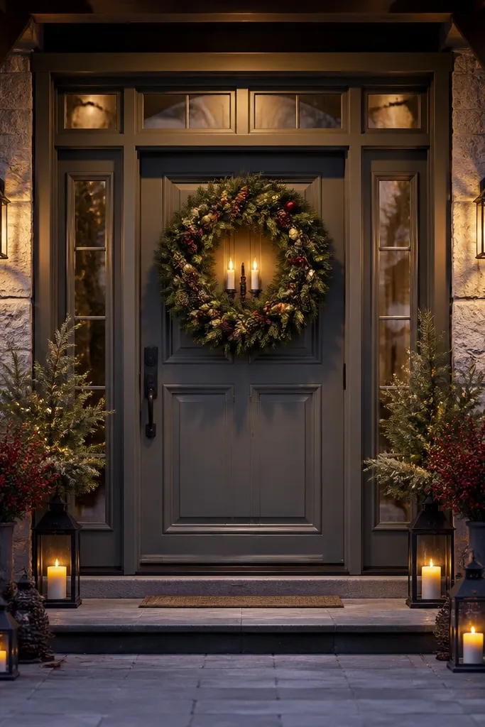 Large wreath on a front door with pinecones and two warm LED candle lights