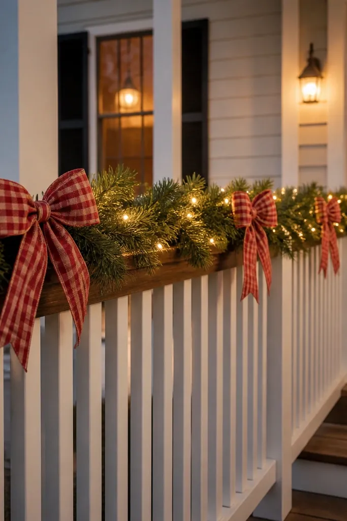 Faux evergreen garland on a porch railing with red-check bows and warm white lights