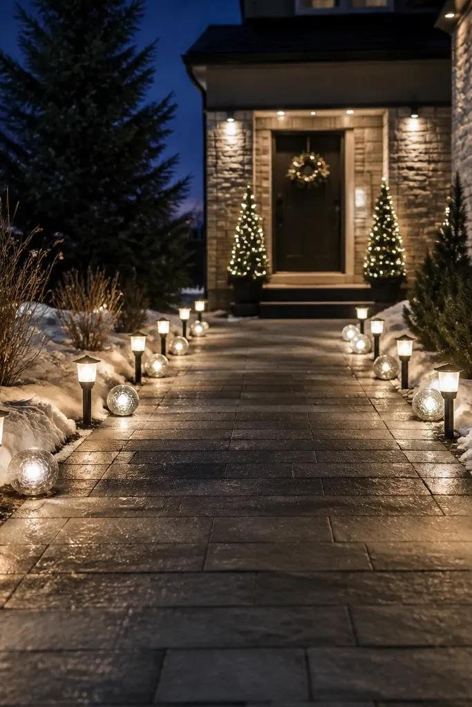 Warm white light stakes along a walkway with frosted snowball accents