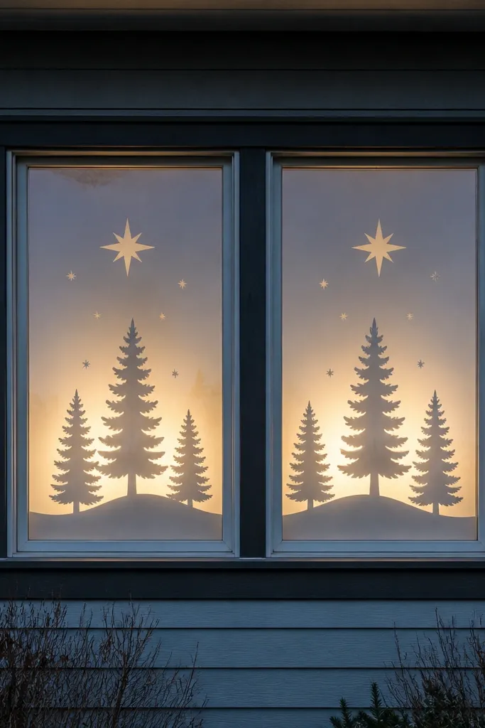 Warm white window silhouettes with small wreath accents on either side