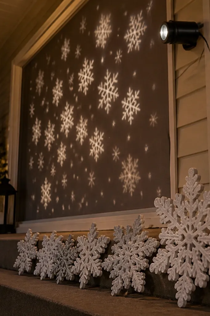 Outdoor light projector on the porch with foam snowflake accents on steps