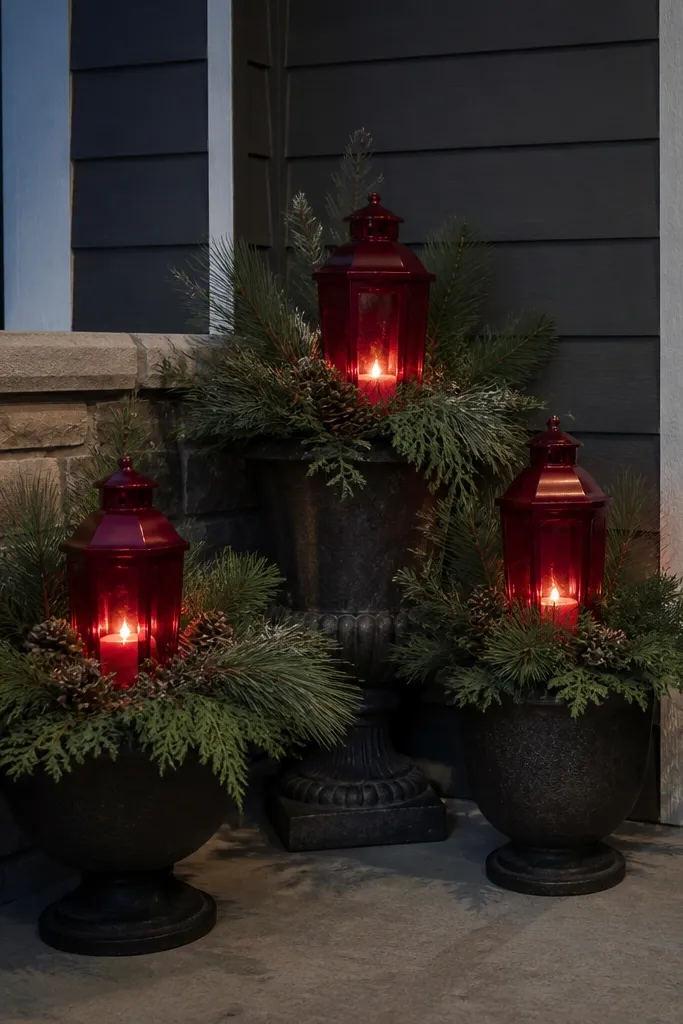 Three outdoor evergreen planters in corners with matching red lanterns