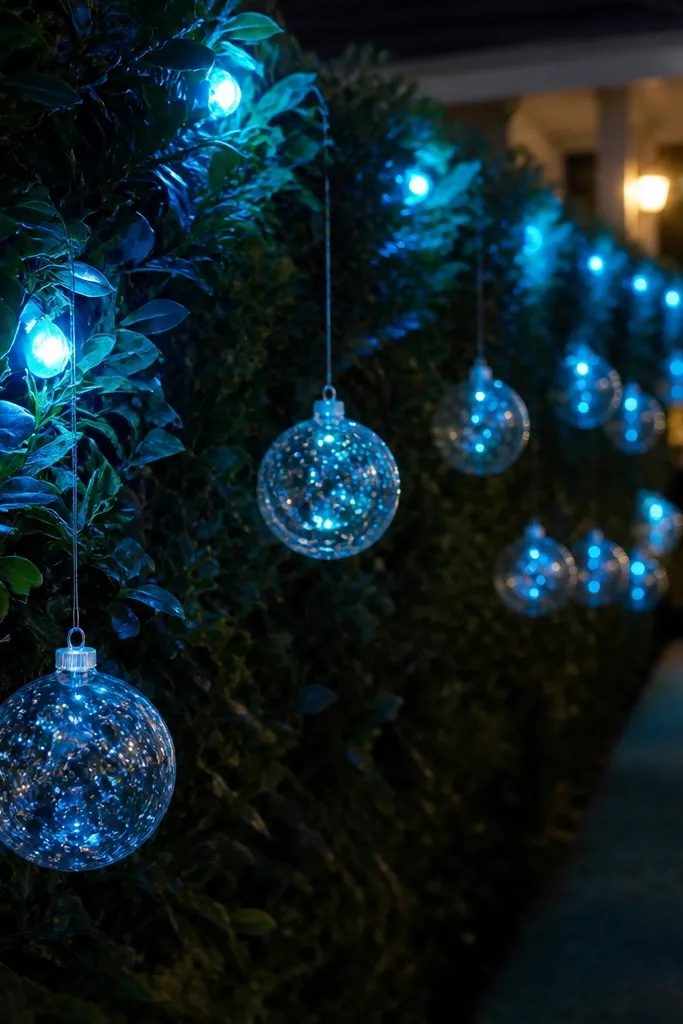 Icy blue LED lights clipped to hedges with clear globe ornaments