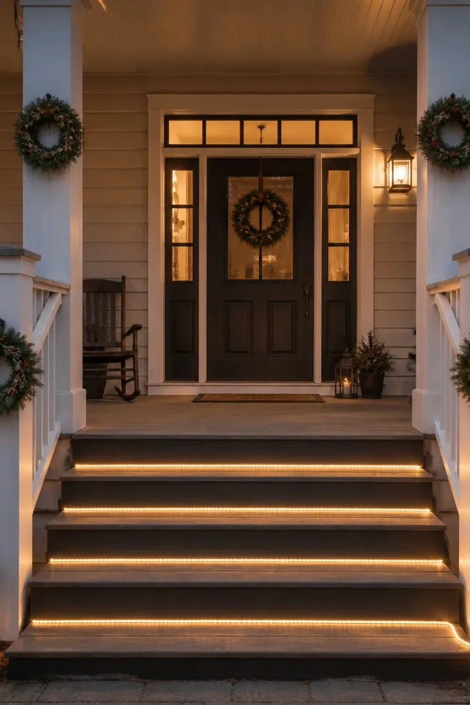 Light rope along porch steps with mini wreaths placed at each railing post