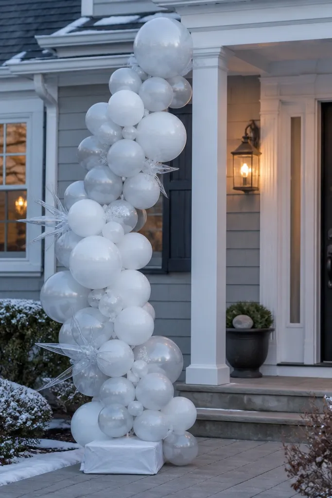 Snow-themed balloon garland in the front yard with weighted bases and icy accents