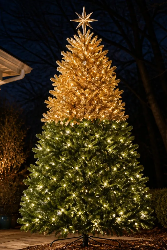Small outdoor tree on a stand with color-blocked lights and gold star topper