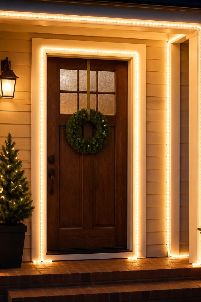 Rope light outline framing a front door with warm white glow