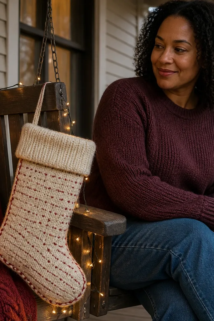 Sweater-style stockings hung on a porch chair or swing with warm string lights