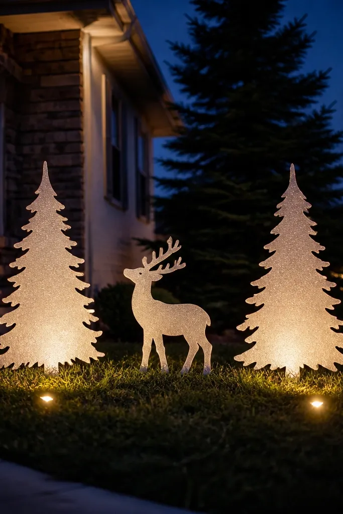Three yard signs with snowy silhouettes lit by warm spotlights