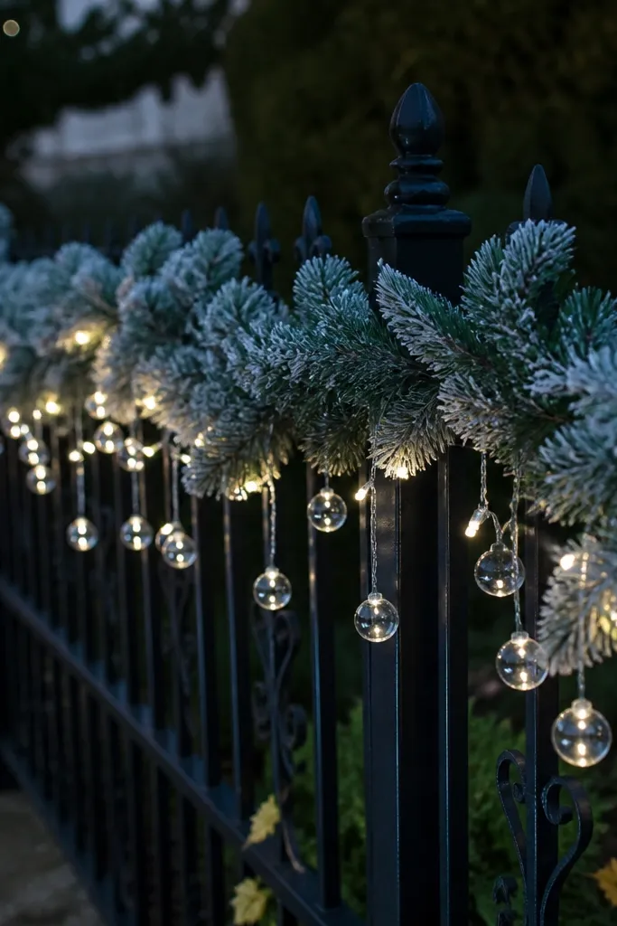Frosted garland on a fence with clear bubble LED lights along the top rail