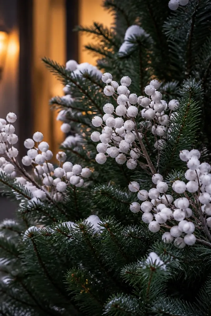 White berry clusters and frosted picks on a dark green outdoor tree