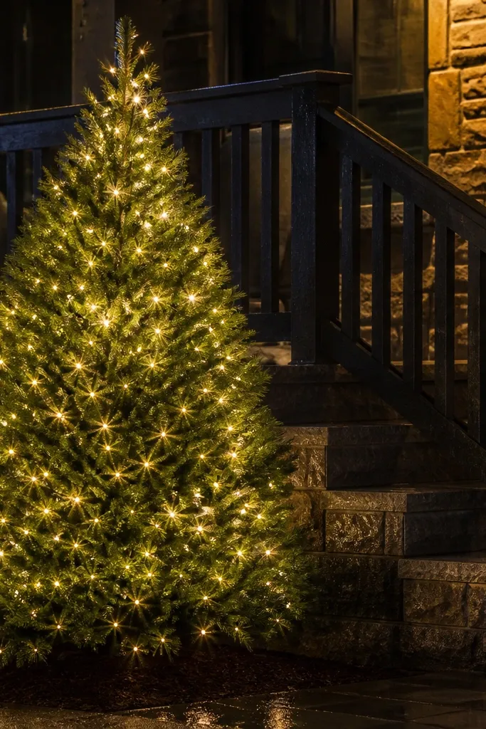 Warm white micro-dot lights forming a ring inside an outdoor evergreen tree